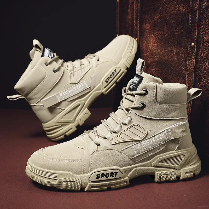 Men Shoes High - รองเท้าบูทคุณภาพสำหรับผู้ชาย รองเท้าบูทแบบสบายๆ สไตล์เดสเซิร์ท รองเท้าหุ้มข้อสูงลำลอง ทรงหัวมน กันลื่น
