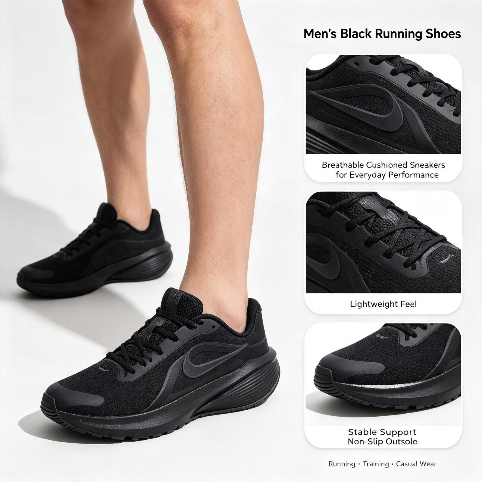 Men'S Shoes Nike Black - รองเท้าวิ่งผู้ชาย Nike สีดำ รองเท้าผ้าใบระบายอากาศดี รองเท้ากีฬาแบบกันลื่น รองเท้าลำลองสำหรับผู้ชาย