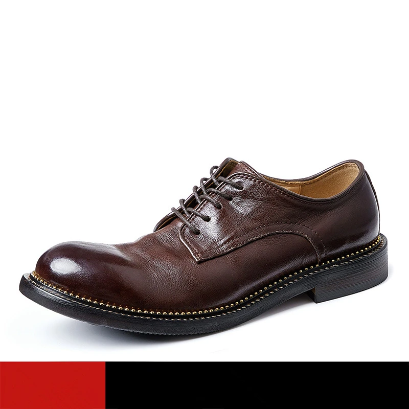 Men Shoes Must Have - รองเท้าหนังแท้ปลายทรงกลมแฮนด์เมดสูงปลายแบนสำหรับผู้ชายต้องมีรองเท้าหนังแท้นิ่มแบบอังกฤษมีเชือกผูก