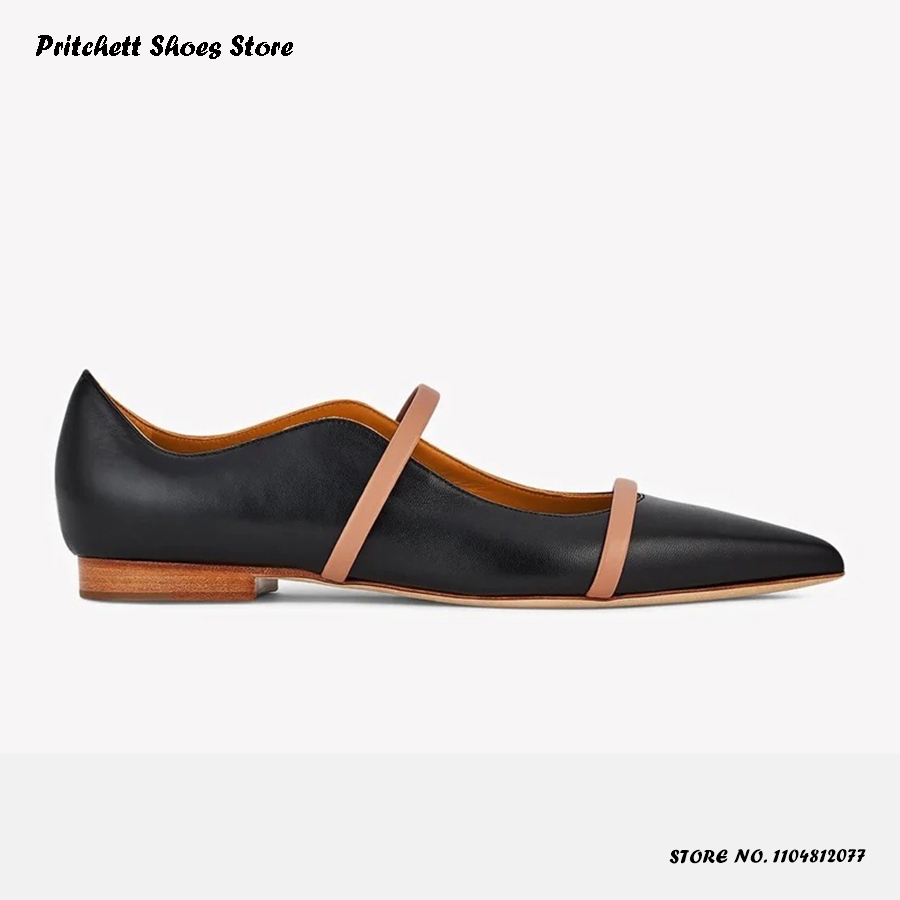 Shoes Heels Men - รองเท้าบัลเล่ต์หนังแบบสองสายรัดสำหรับผู้หญิง หัวแหลม ส้นเหลี่ยม สวมแบบสลิปออน รองเท้าลำลองสำหรับฤดูใบไม้ผลิ ฤดูร้อน