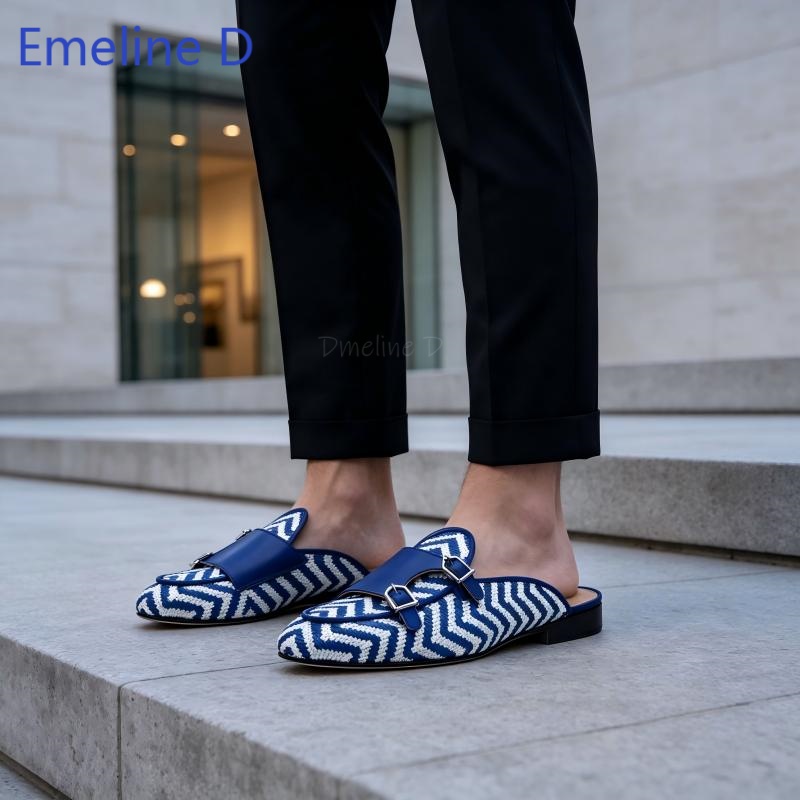 Shoes Heels Men - รองเท้าส้นเตี้ยแบบสวมเปิดส้น ตกแต่งกระดุมโลหะ ผ้าทอ ระบายอากาศได้ดี เหมาะสำหรับใส่พักผ่อน ท่องเที่ยว