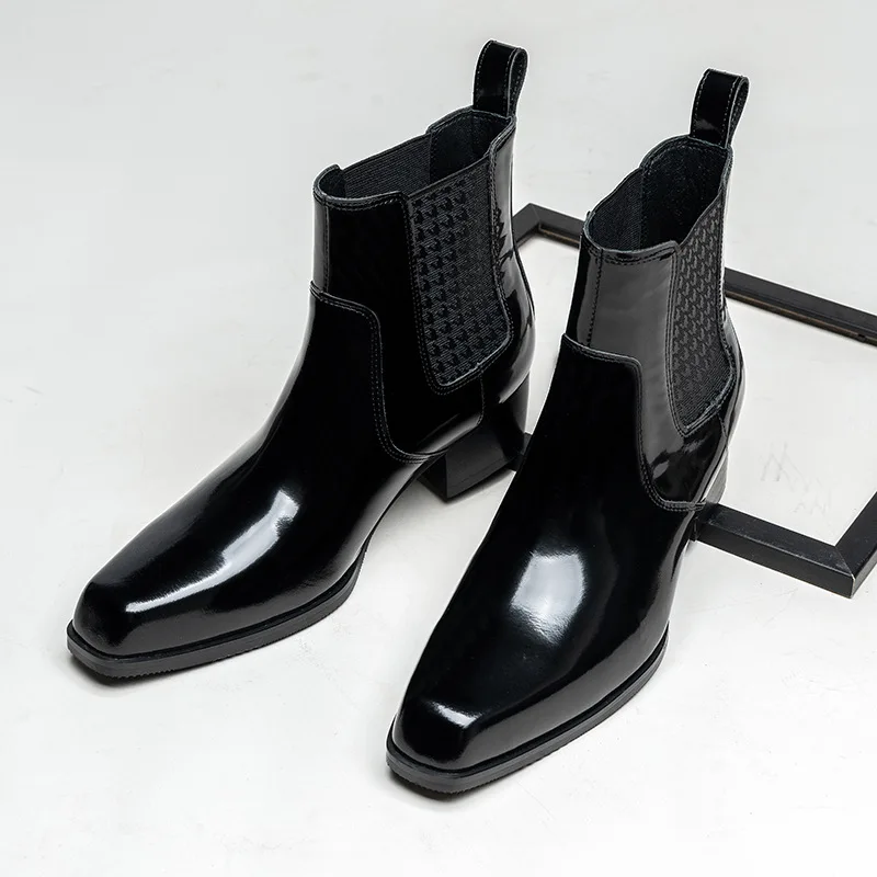 Men Shoes For Wedding - รองเท้าบูทข้อเท้าหนังแก้วหรูหราสำหรับผู้ชาย พร้อมส้น หนังแท้ ฤดูหนาว 2025 รองเท้าใหม่สำหรับงานแต่งงานและงานสังคมสำหรับผู้ชาย