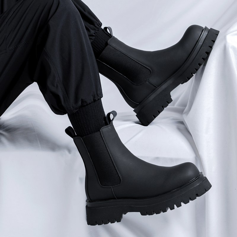 Shoes Heels Men - รองเท้าบูทหุ้มข้อสูงสีดำรุ่นปี 2026 สำหรับผู้ชาย ส้นสูง หนังแท้ รองเท้าเชลซีข้อสั้น